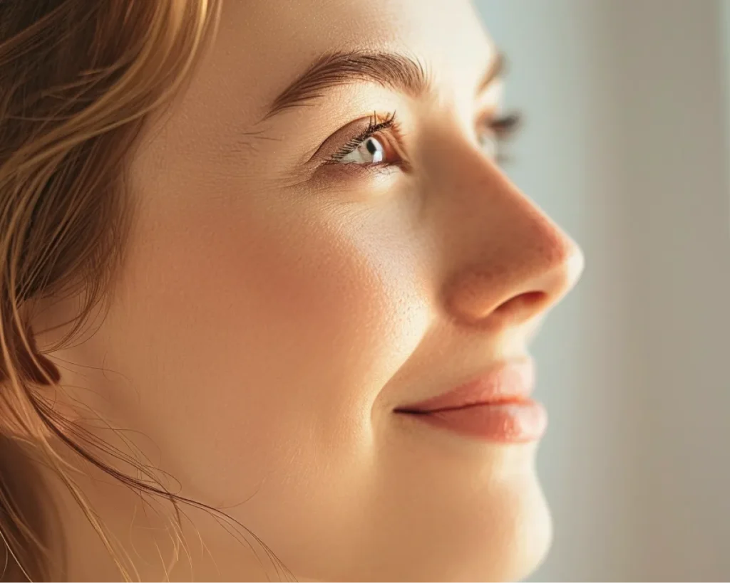 Ein seitliches Porträt einer glücklichen Patientin, die ihre Nase zeigt.