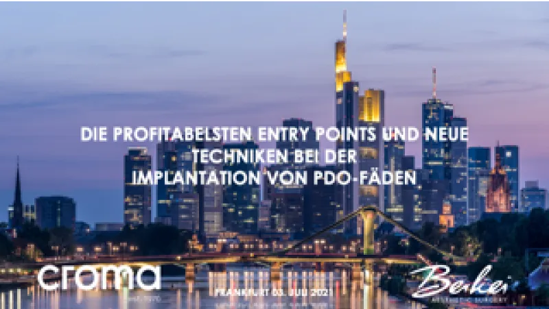 Skyline von Frankfurt als Titelbild für Masterclass mit dem Text "Die profitabelsten entry Points und neue Techniken bei der Implantation von PDO-Fäden".