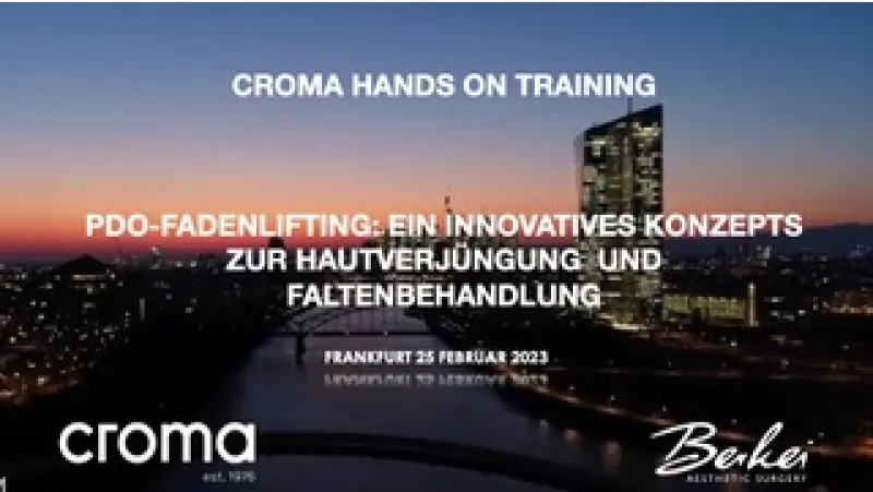 Skyline von Frankfurt als Titelbild für Masterclass mit dem Text "PDO-Fadenlifting: Ein innovatives Konzept zur Hautverjüngung und Faltenbehandlung".