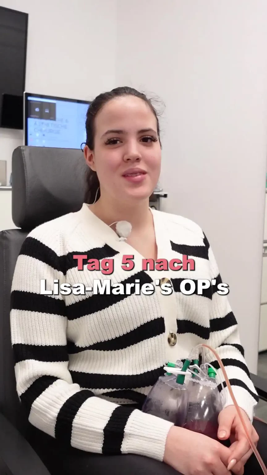 Aufnahme einer Patientin bei der Nachuntersuchung mit dem Text "Tag 5 nach Lisa-Marie's OP's".
