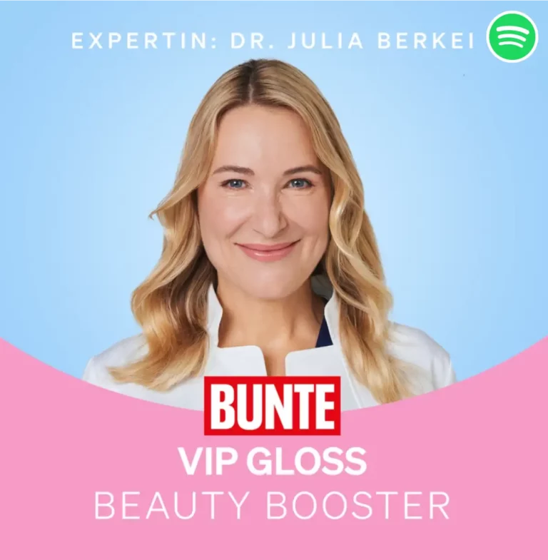 Podcast Titelbild. Dr. Berkei in der Mitte und darunter Logo der Zeitschrift Bunte und Text "VIP Gloss Beauty Filter"