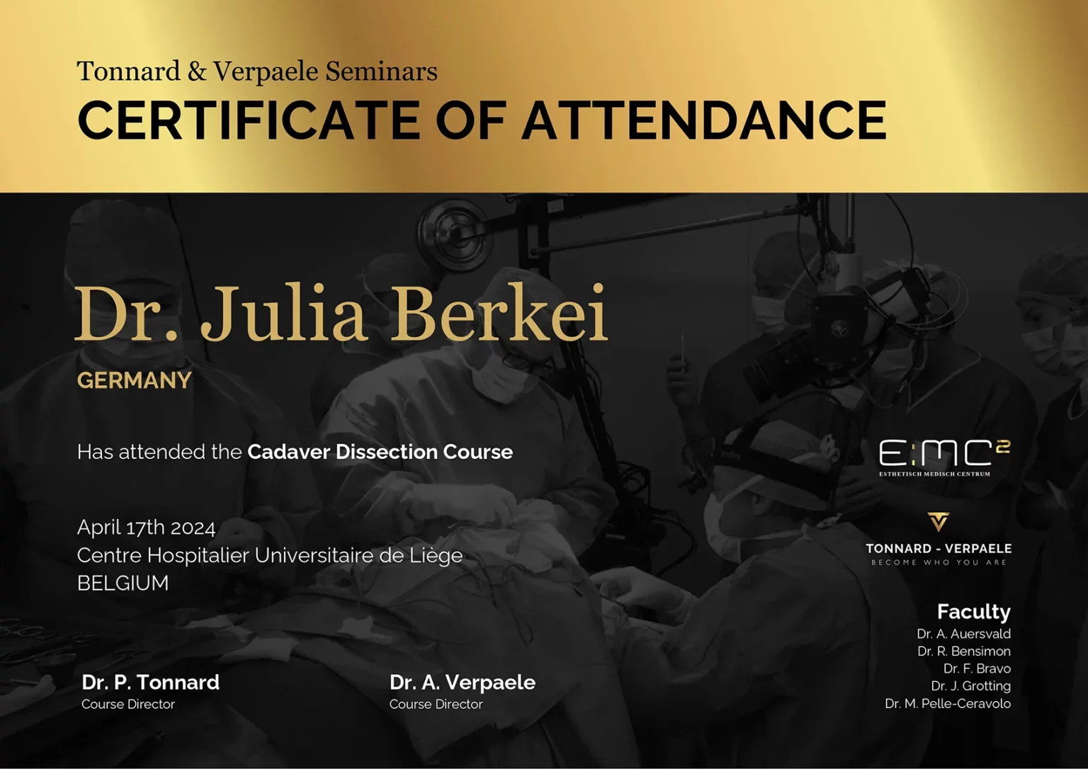 Dr. Berkei's certificate of participation in the Facial Rejuvenation Workshop on 17.04.2024 in Ghent, Belgium.