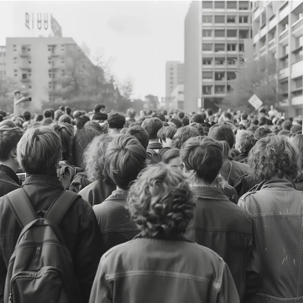 Schwarzweiß Aufnahme, die die Rücken einer demonstrierenden Menschenmasse von jungen Leuten zur Demonstration in Leipzig zeigt.
