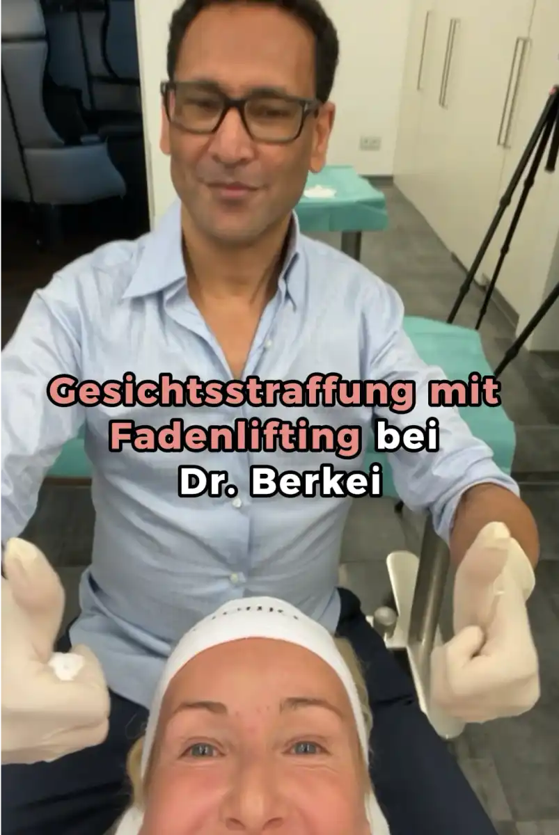 Herr Elzebair und Dr. Berkei mit dem Text "Gesichtsstraffung mit Fadenlifting bei Dr. Berkei".
