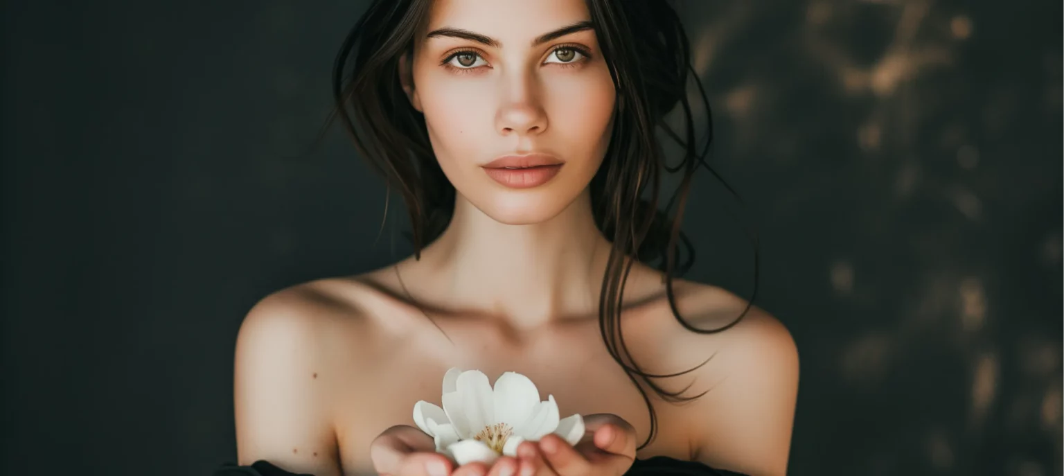 Porträt einer Patientin, die eine weiße Blume in beiden Händen hält.