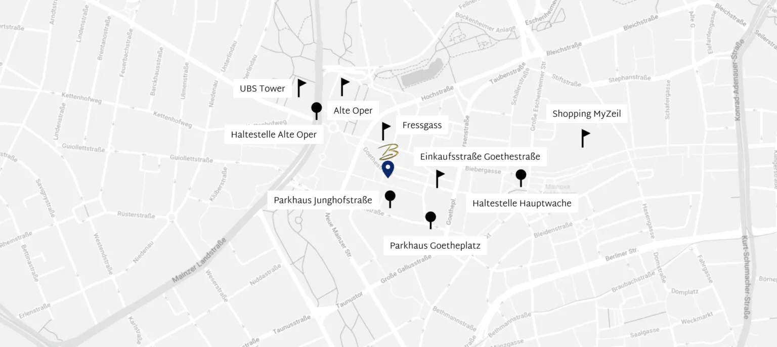 Ausschnitt einer Karte von Frankfurt in der die Praxis und andere Points of Interest eingezeichnet sind.