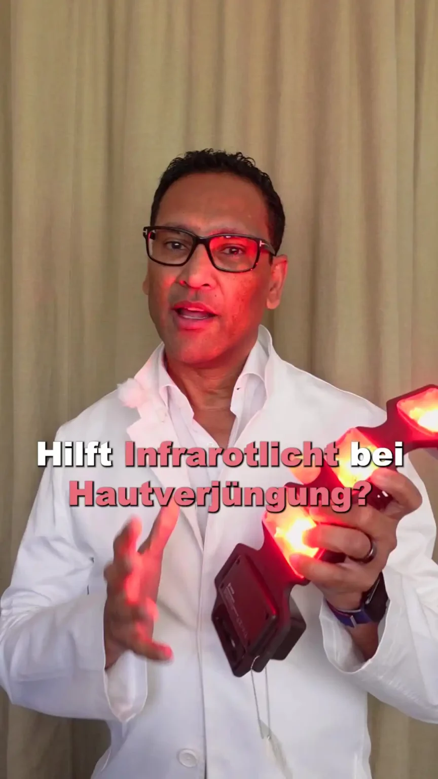Aufnahme von Herr Elzebair mit einer Infrarotlichtmaske und dem Text "Hilft Infrarotlicht bei Hautverjüngung?".