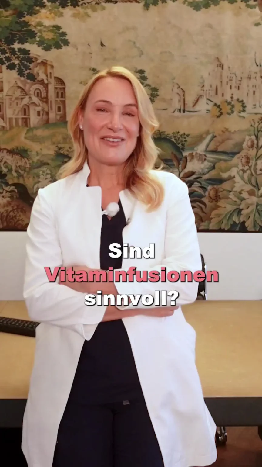 Aufnahme von Dr. Berkei mit dem Text "Sind Vitaminfusionen sinnvoll?".