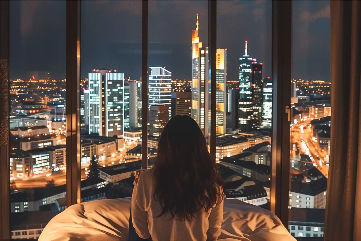 Frau die vor einem Fenster sitzt und auf die atemberaubende nächtliche Skyline von Frankfurt schaut.